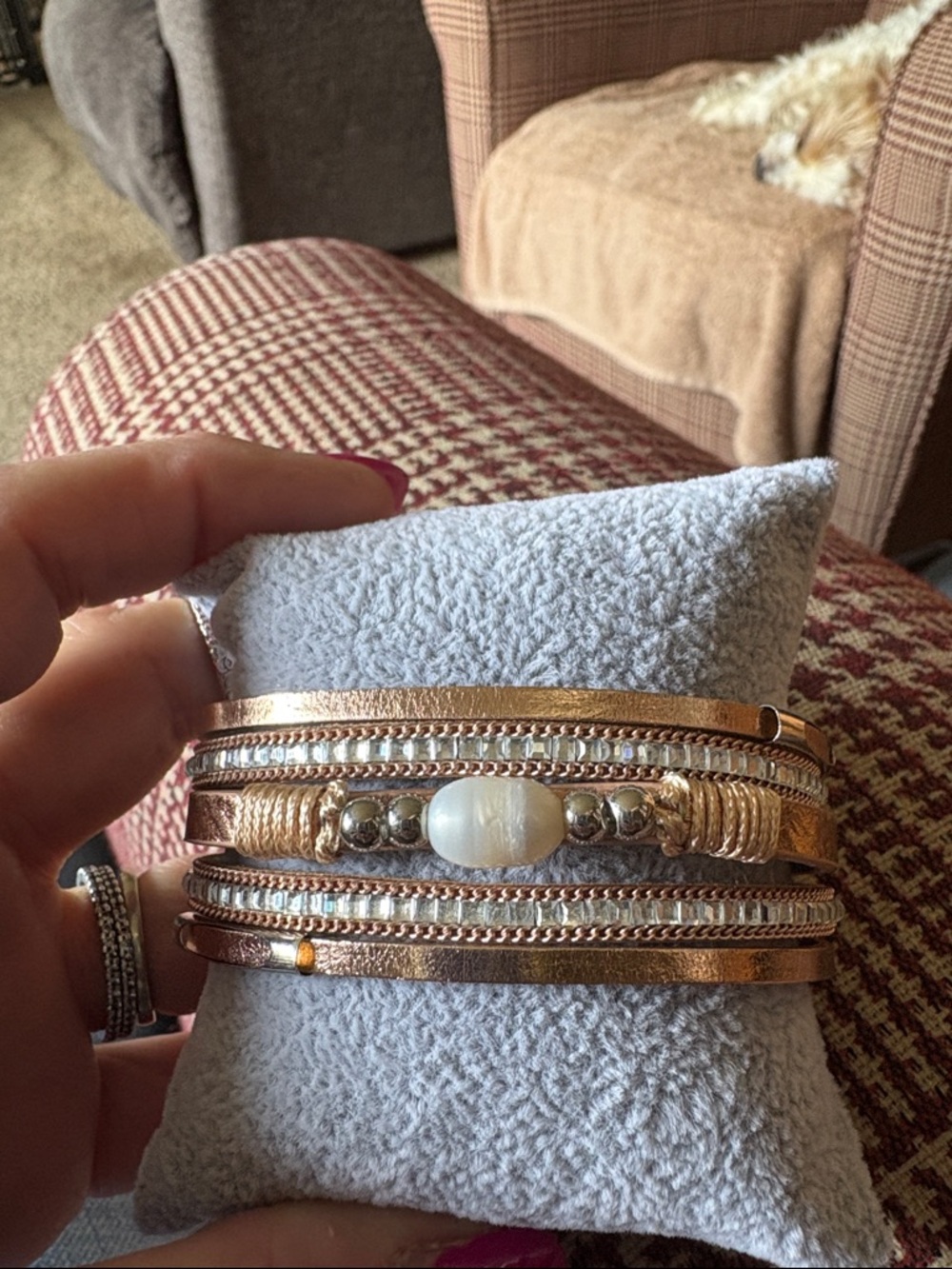 Gold-Tone Multi-Row Beaded Wrap Bracelet with Pearl Accent